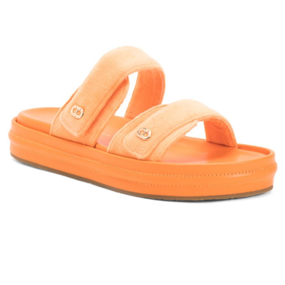 DEE OCLEPPO Finland Double Strap Footbed Sandals Orange Gold 7 Brand New in Box